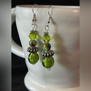 Green and silver drop earrings